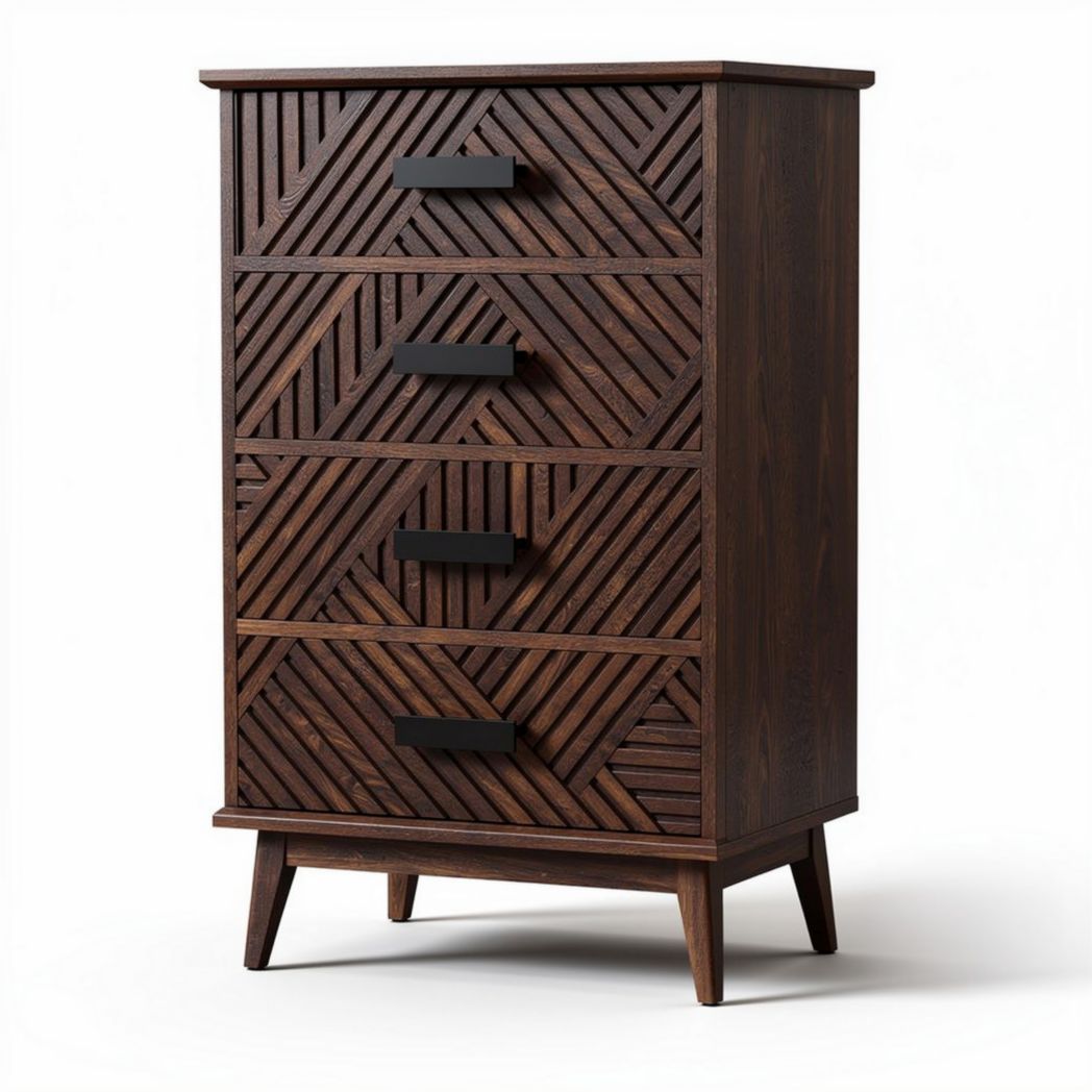 Wooden storage chest with four drawers featuring a herringbone design 40 x 30 x 80cm