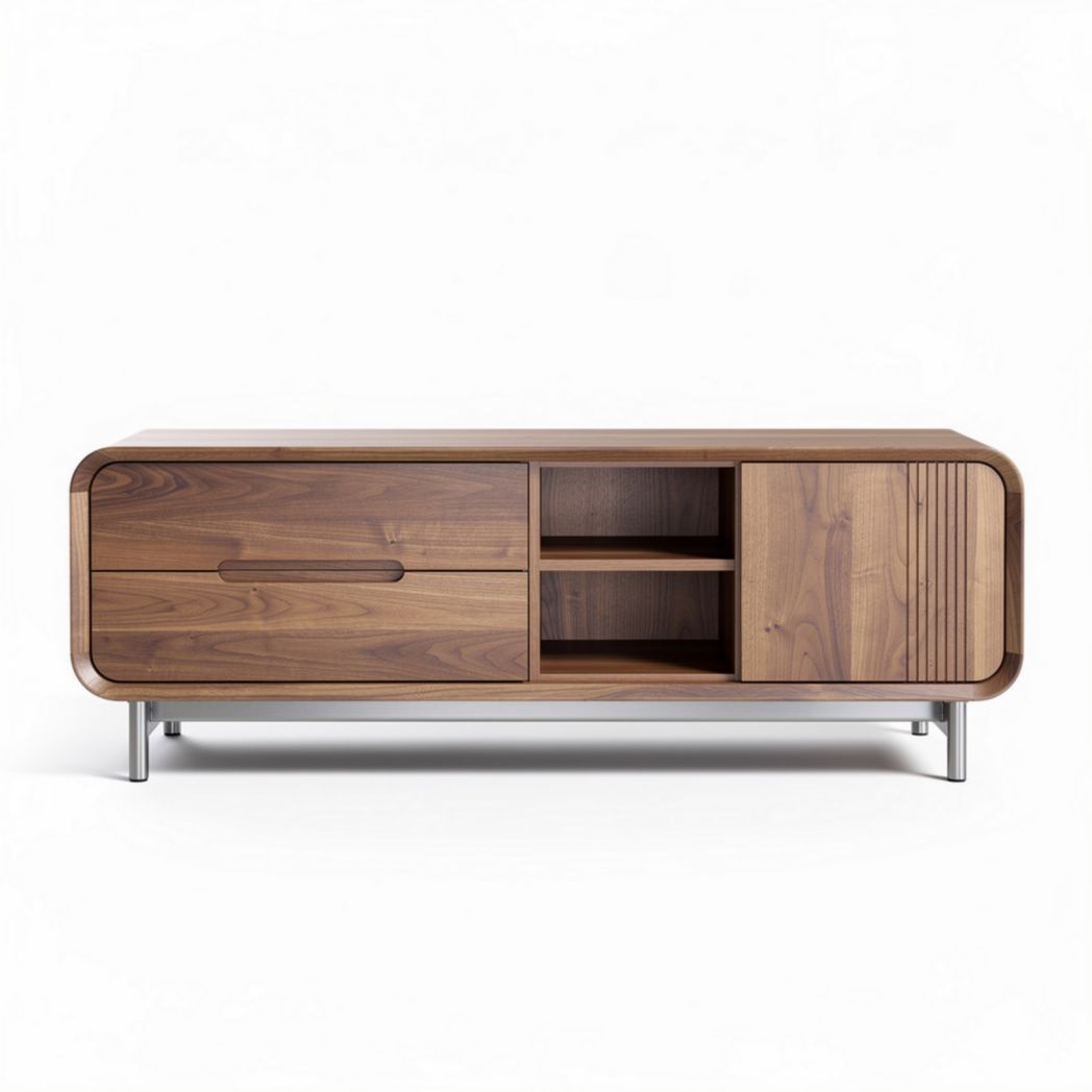 Walnut wood media console with storage drawers and open shelving 150 x 45 x 60cm