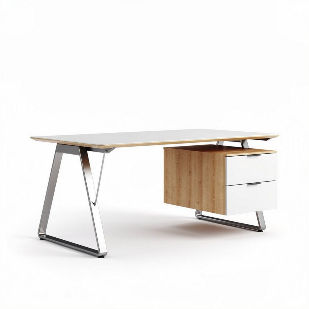 Modern desk with wood drawers and metal legs 150 x 75 x 75cm