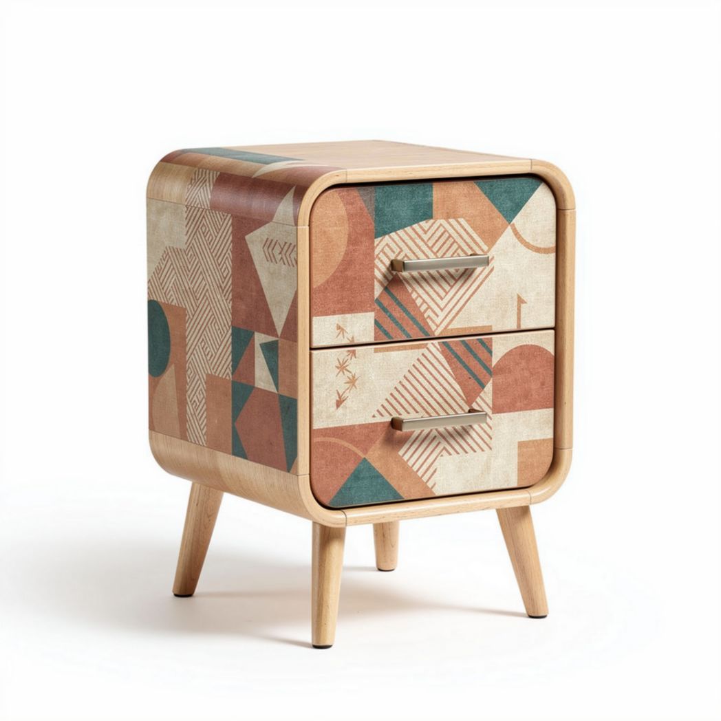 Geometric patterned nightstand with two drawers wood frame 40 x 40 x 50cm