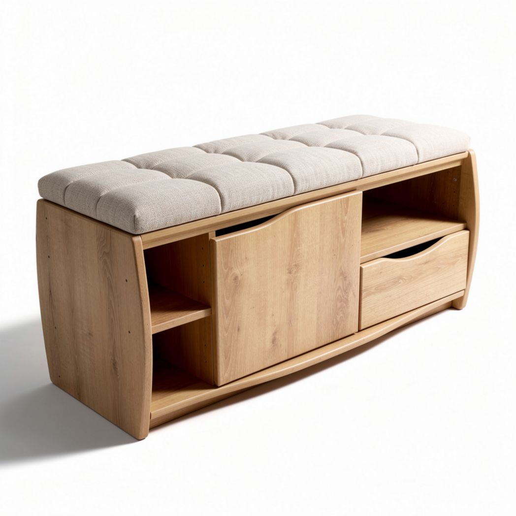 Wooden storage bench with cushion cover and open shelves 120 x 40 x 45cm