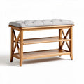 Wooden bench with gray upholstered cushion and two storage shelves 90 x 40 x 45cm